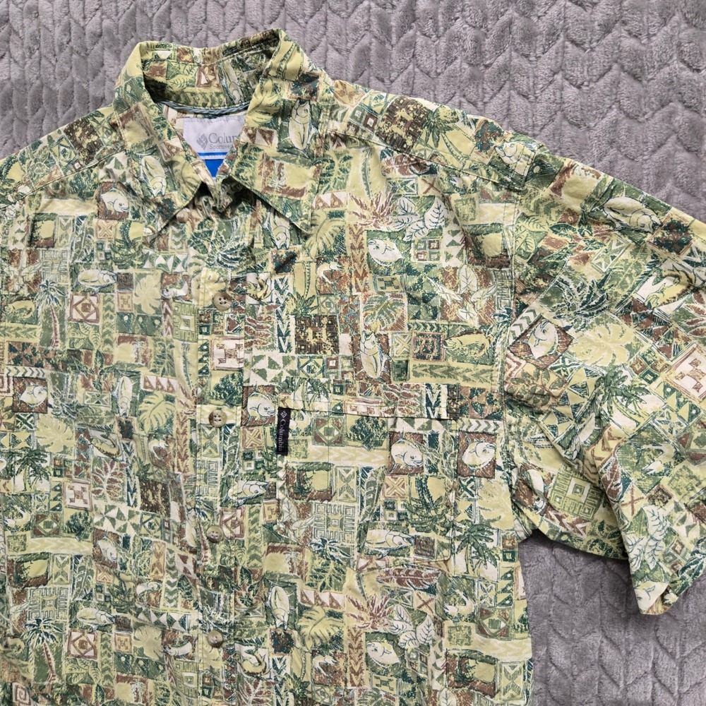 Columbia Fishing Button Down Shirt Mens Small Short Sleeve‎ Tropical Palm Fish